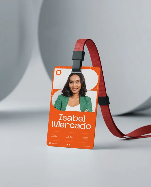 Modern ID Card Mockup with Red Strap and Black Clip