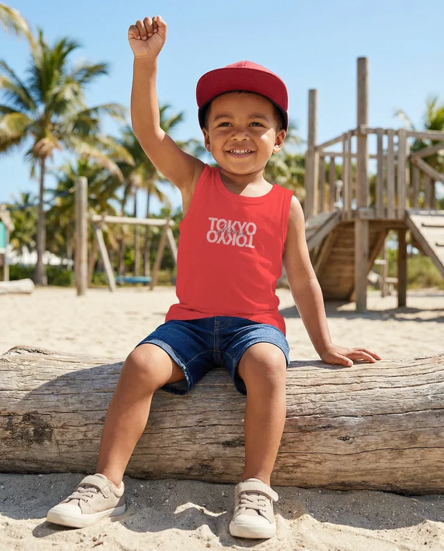 Cheerful Boy in Tank Top Mockup at Vibrant Beach Scene