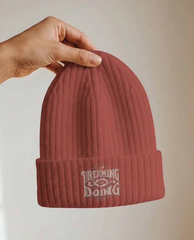 Cozy White Knit Beanie Mockup in Hand Close-Up