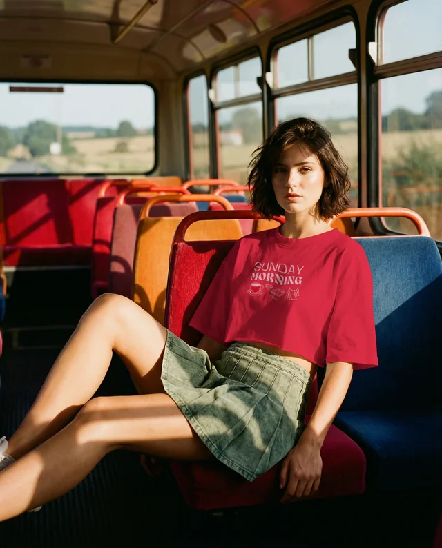 Casual Mockup of a Young Woman in a Crop Top on a Bus