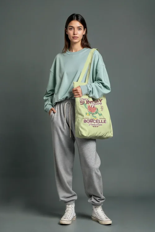 Stylish Mockup of a Tote Bag with Model in Pastel Outfit
