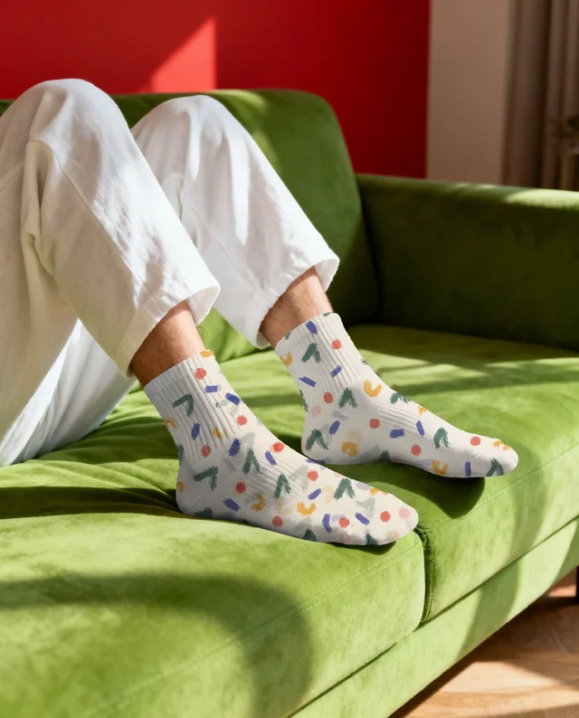 Cozy Indoor Mockup of Relaxed Feet in Socks on Sofa