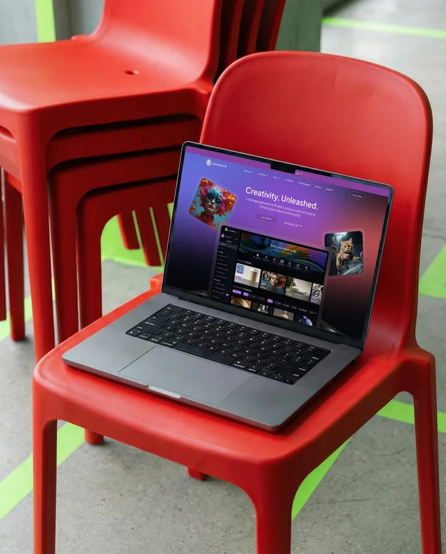 Modern MacBook Mockup on Vibrant Red Chair