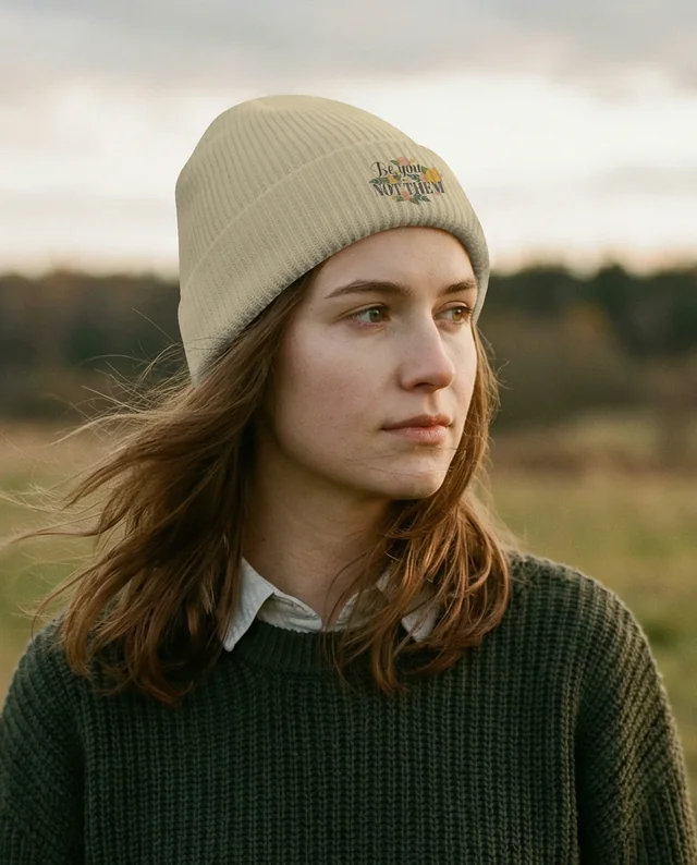 Serene Young Woman in Beanie Mockup at Golden Hour